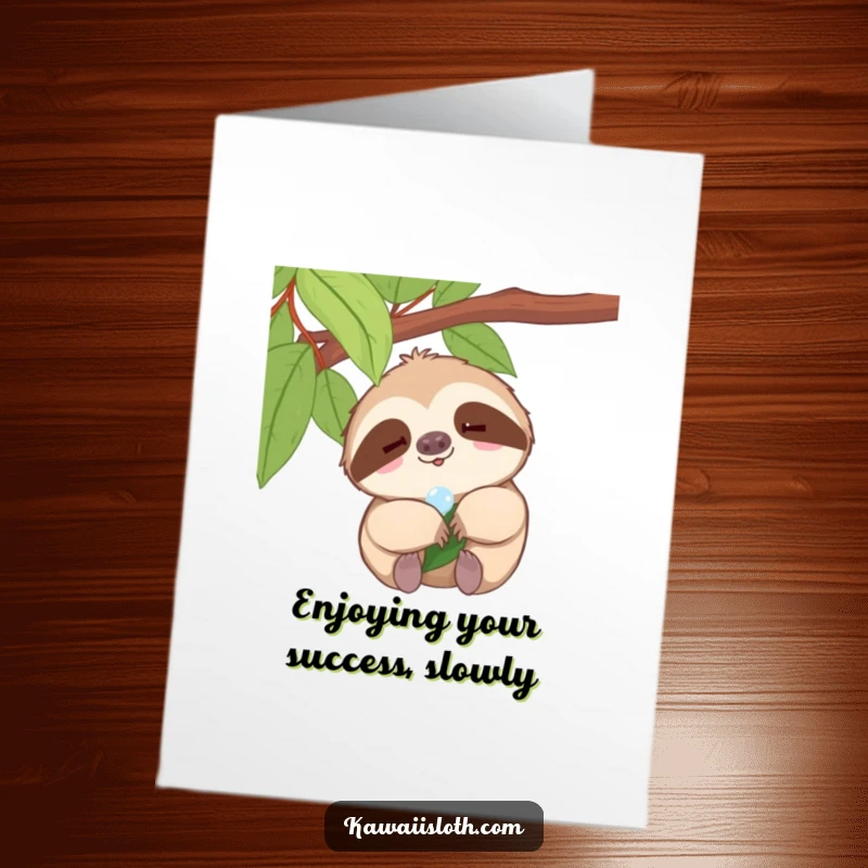 Funny Free Printable Congratulations Card: A sloth with a small smile slowly enjoys a single dewdrop on a leaf. Serene success.