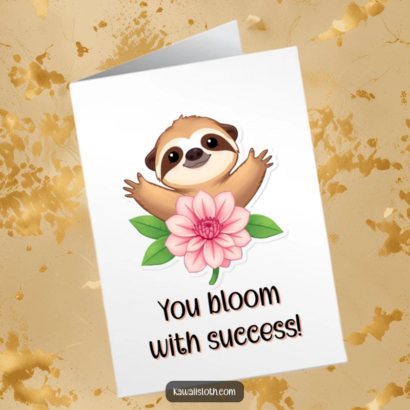 Funny Free Printable Congratulations Card featuring a sloth with arms wide open embracing a giant flower.
