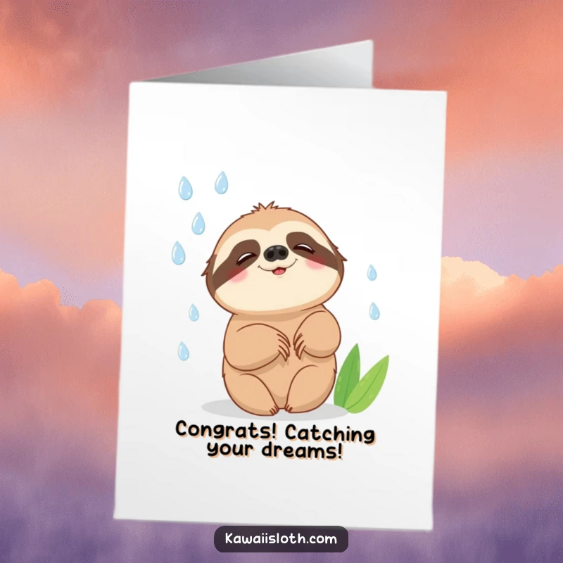 Funny Free Printable Congratulations Card: A sloth smiling while trying to catch raindrops, celebrating small wins.