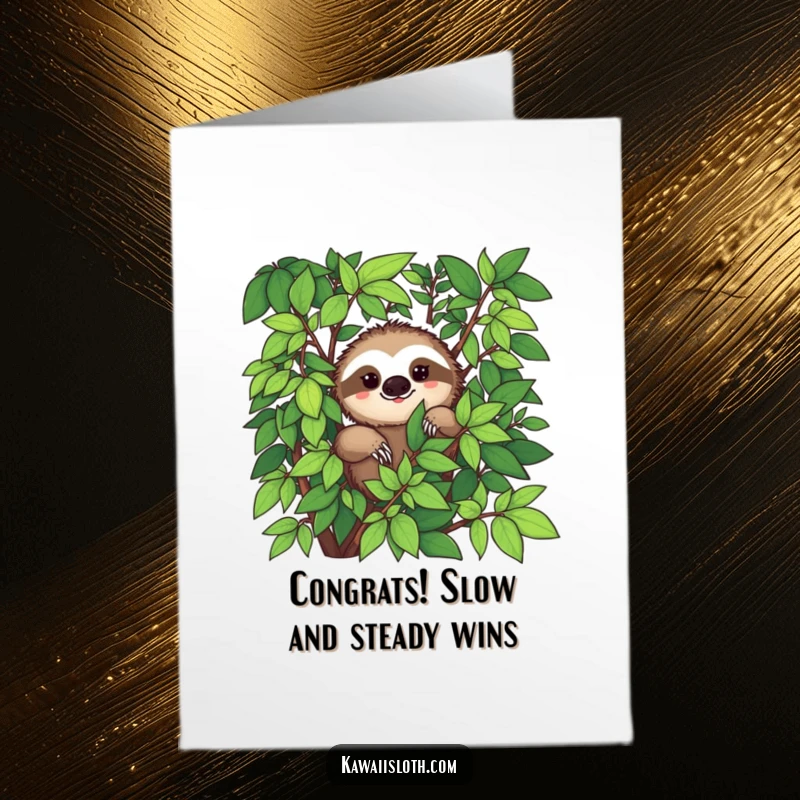 Funny Free Printable Congratulations Card: A smiling sloth peeks from behind foliage, offering quiet congrats.