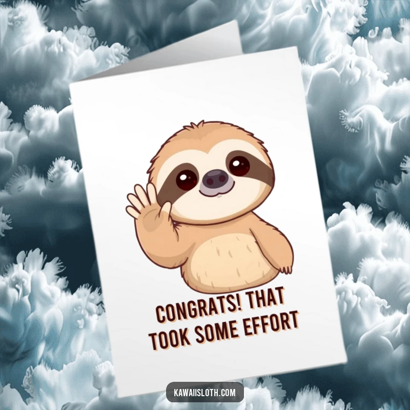 Funny Free Printable Congratulations Card: A sloth begins a slow, gentle wave, offering understated congratulations. Great DIY gift.