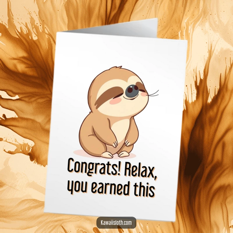 Funny Free Printable Congratulations Card: A sloth with a peaceful look enjoys a gentle breeze after achieving success. Great DIY gift.