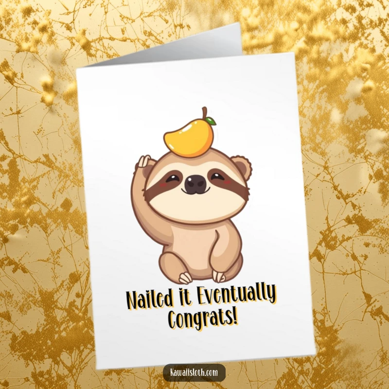 Funny Free Printable Congratulations Card showcasing a sloth humorously attempting to balance fruit on its head, looking proud.