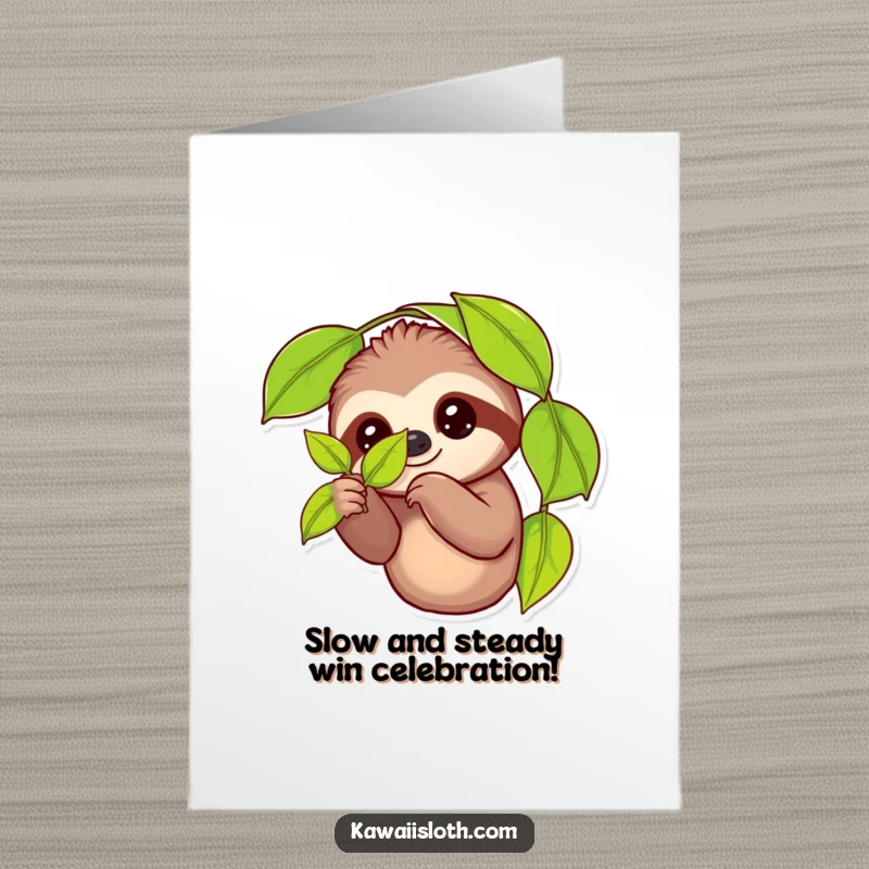 Funny Free Printable Congratulations Card: Sloth playfully holds a single leaf, celebrating achievements with slow-burn humor.