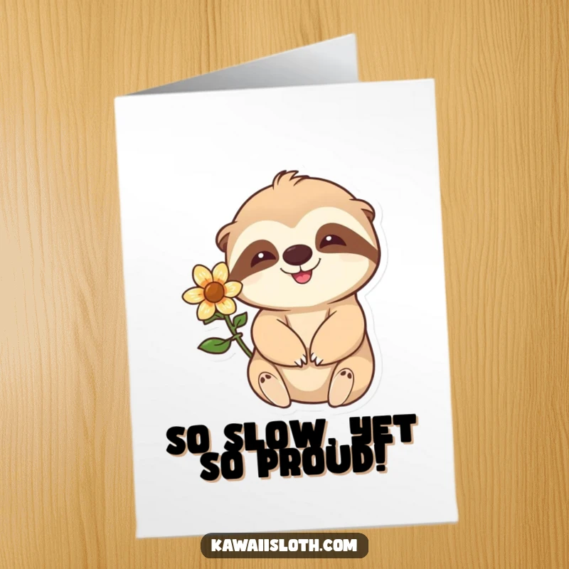Funny Free Printable Congratulations Card: A happy sloth with a flower behind its ear gives a slow, celebratory wave.