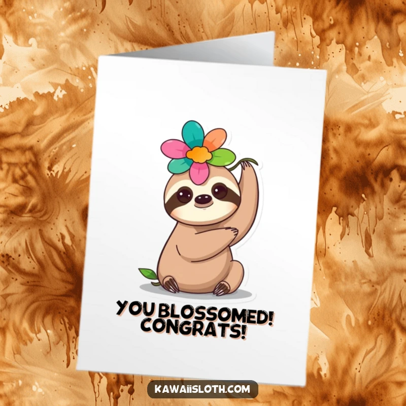Funny Free Printable Congratulations Card: A charming sloth gracefully balances a colorful flower, celebrating their win.