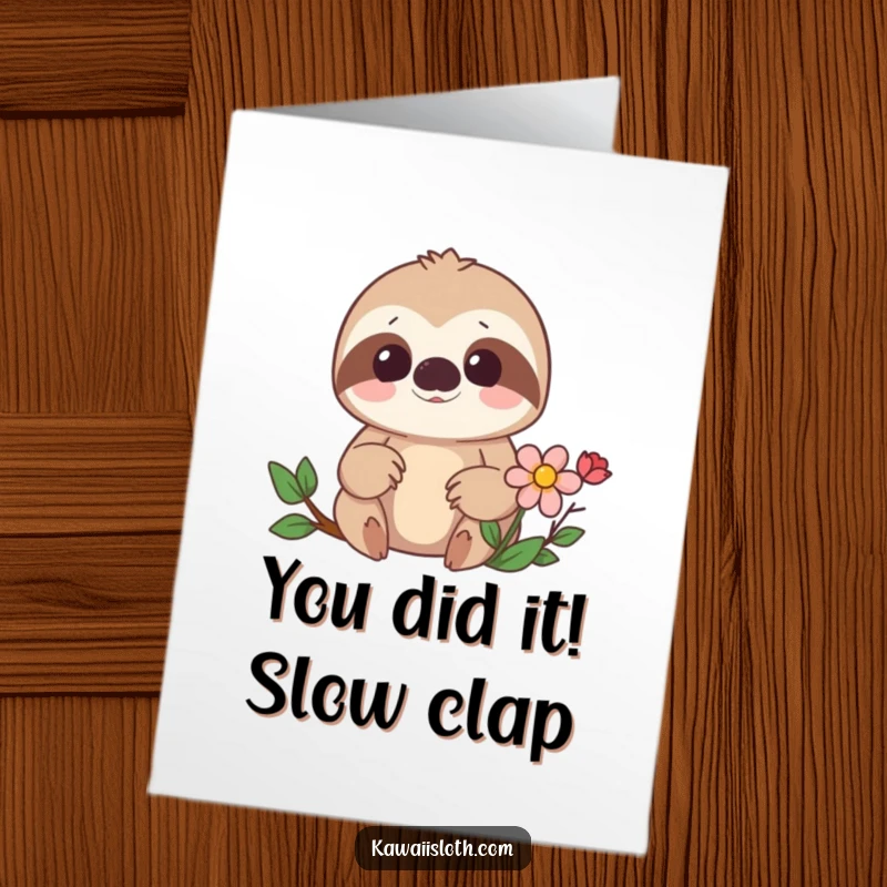 Funny Free Printable Congratulations Card: A surprised sloth marvels at a flower, ideal for your DIY celebration