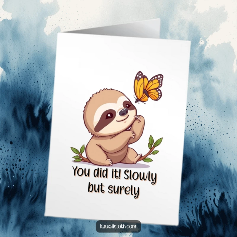 Funny Free Printable Congratulations Card: A sloth slowly nods watching a butterfly, ideal for a unique DIY congratulatory gift.