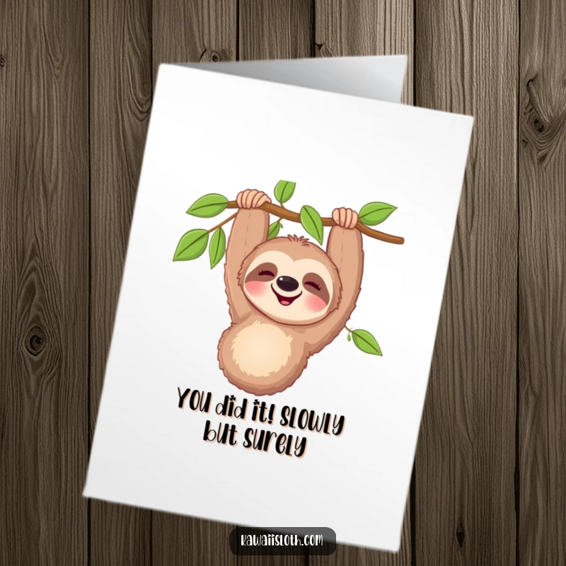 Funny Free Printable Congratulations Card: Happy Sloth Dangling Upside Down, Relaxed Smile, Cheers
