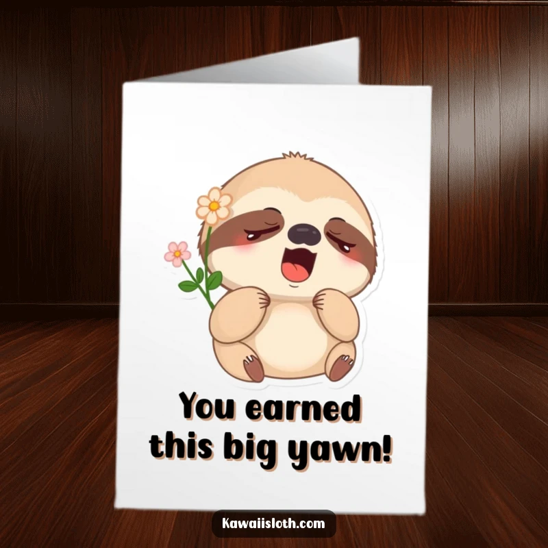 Funny Free Printable Congratulations Card: Sleepy Sloth Yawning with Flower on Head
