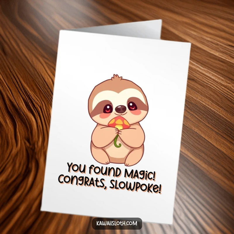 Funny Free Printable Congratulations Card: Sloth holding a tiny glowing mushroom in awe, a whimsical DIY congratulatory gift.