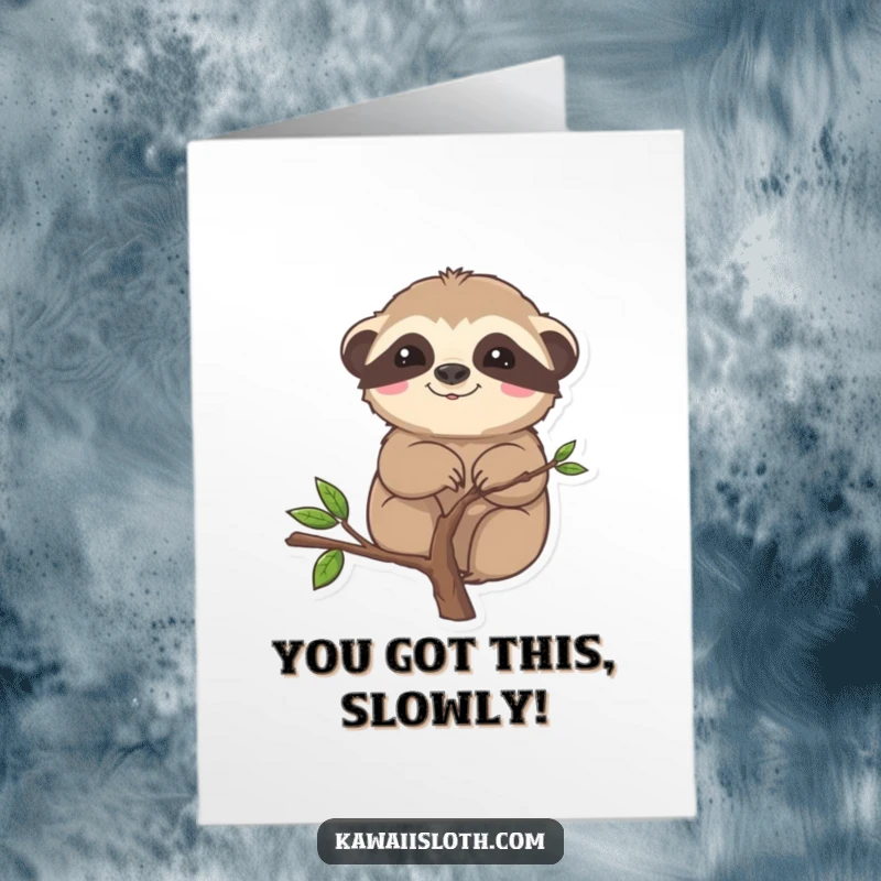 Funny free printable congratulations card featuring a sloth comically stuck halfway up a small branch, looking bewildered.