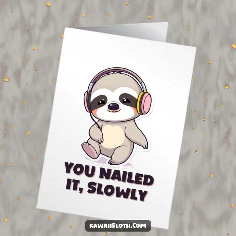 Funny free printable congratulations card: A sloth DJ with headphones, looking cool and tapping its foot, celebrating a big win.