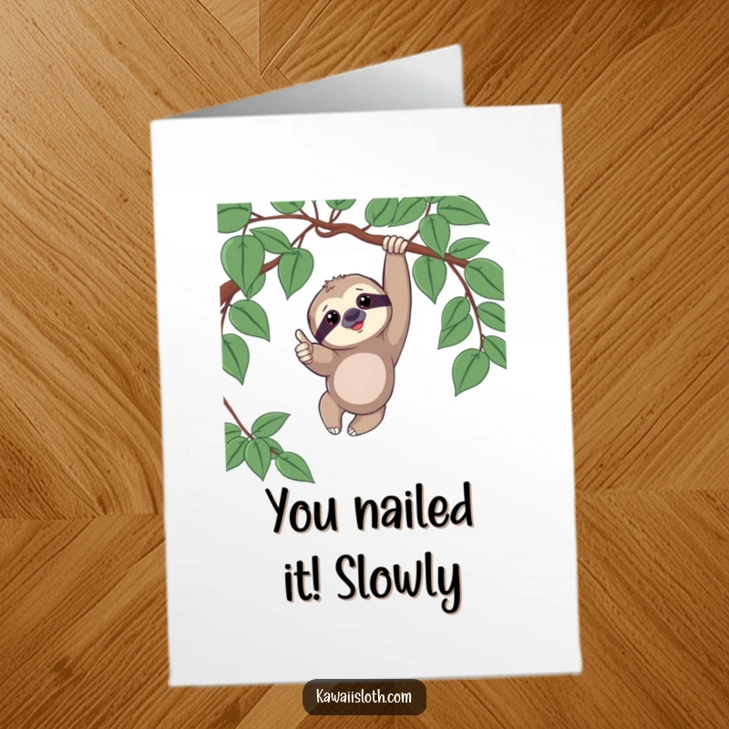 Funny Free Printable Congrats Card: A happy sloth hangs from a vine, giving a confident thumbs up.