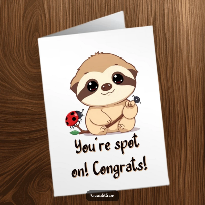 Funny Free Printable Congratulations Card: Dreamy sloth watches a slow ladybug, a calm and humorous way to acknowledge success.