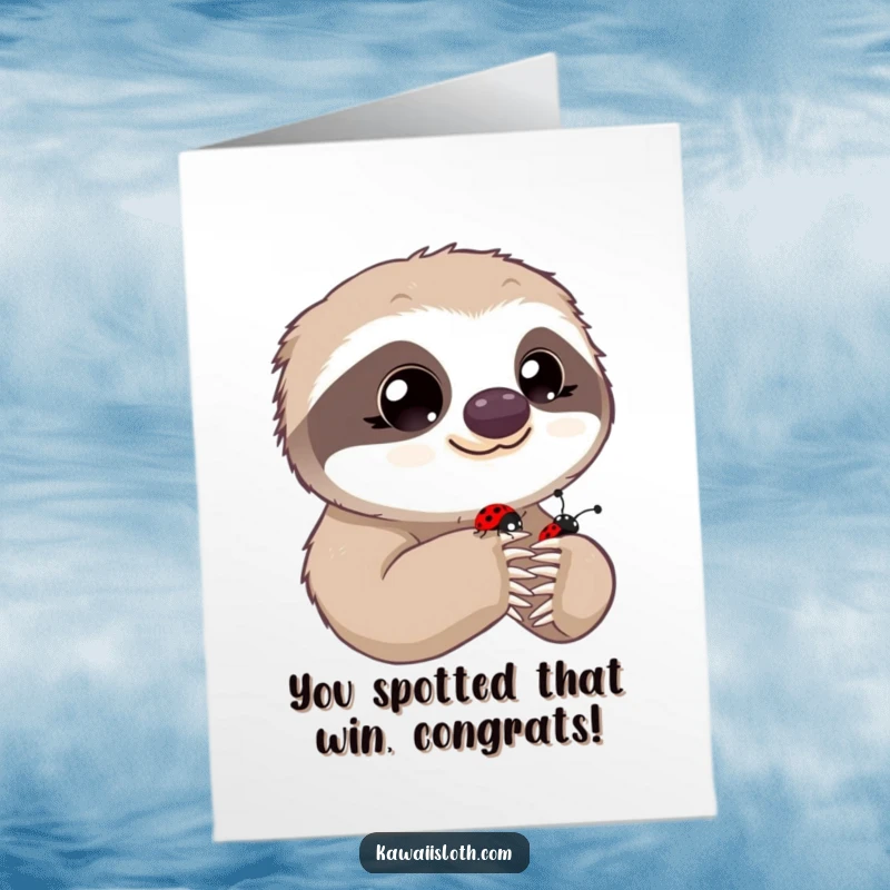 Funny Free Printable Congratulations Card featuring a sloth with innocent eyes watching a tiny ladybug on its paw, celebrating.