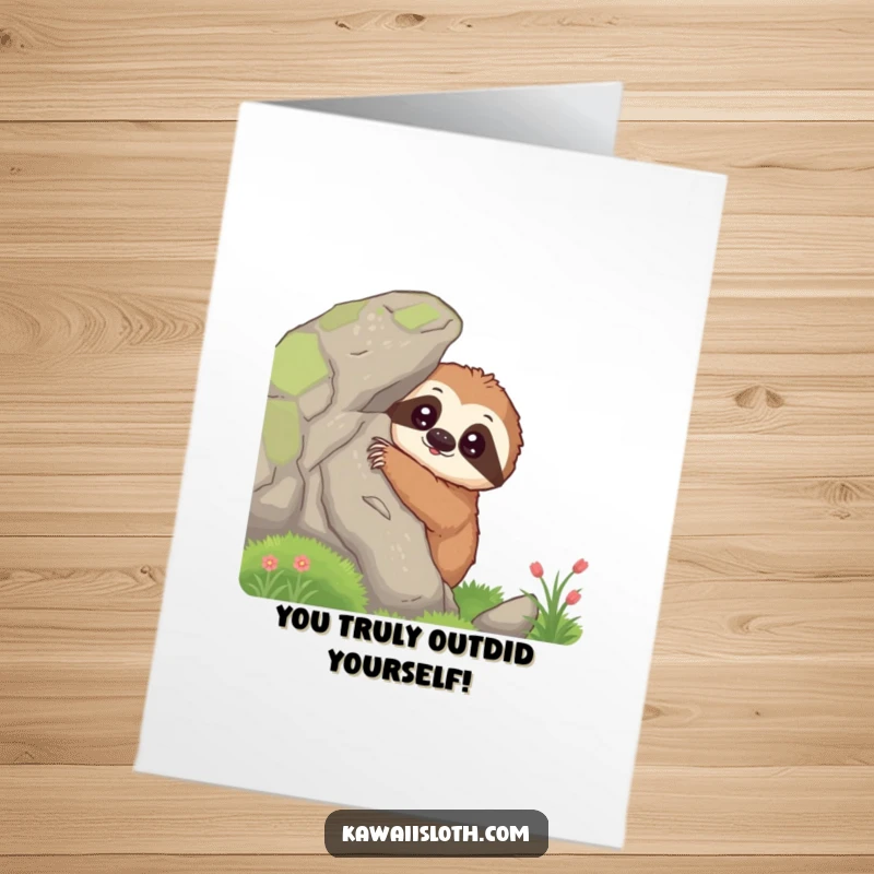 Funny Free Printable Congratulations Card: Curious Sloth Peeking from Mossy Rock, Slow Interest
