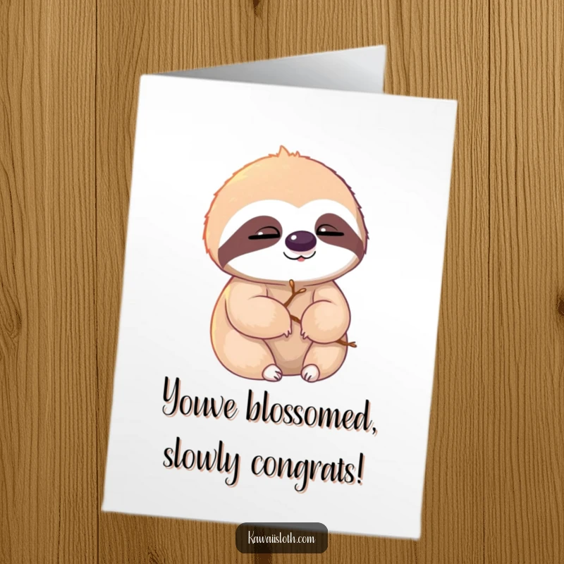 Funny Free Printable Congratulations Card: Sloth with twigs in its fur, blinking contentedly in sunlight. Relaxed achievement.