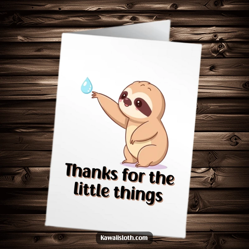 Funny free printable thank you card with a kawaii sloth slowly reaching its arm towards a shimmering dewdrop, expressing thanks.