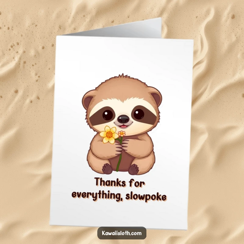 Funny Free Printable Thank You Card: A sloth lovingly presents a tiny flower, expressing gratitude with gentle, slow-motion sincerity.