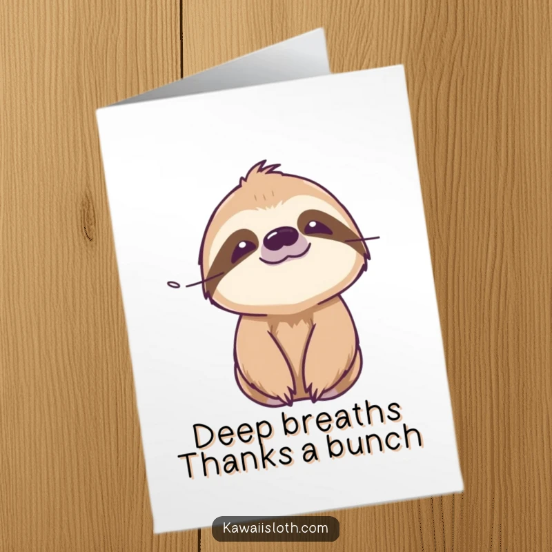 Funny Free Printable Thank You Card: Sloth with a peaceful expression enjoying a gentle breeze, conveying calm thanks.