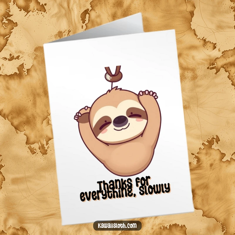 Funny free printable thank you card with a kawaii sloth hanging upside down, smiling faintly, expressing thanks slowly.