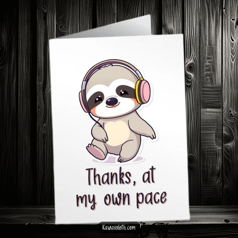 Funny free printable thank you card: A sloth DJ with headphones, tapping its foot and giving a thumbs up to say thank you.
