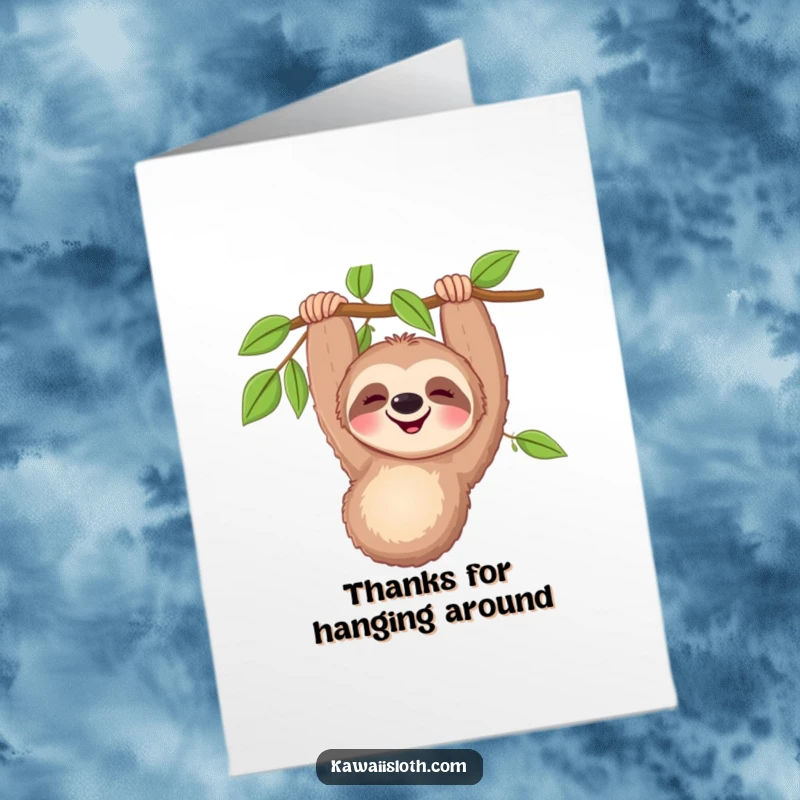 Funny Free Printable Thank You Card: Happy Sloth Dangling Upside Down, Relaxed Smile, Gratitude