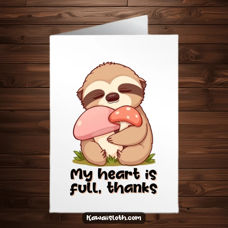 Funny Free Printable Thank You Card: Content Sloth Hugging Mushroom, Closed Eyes