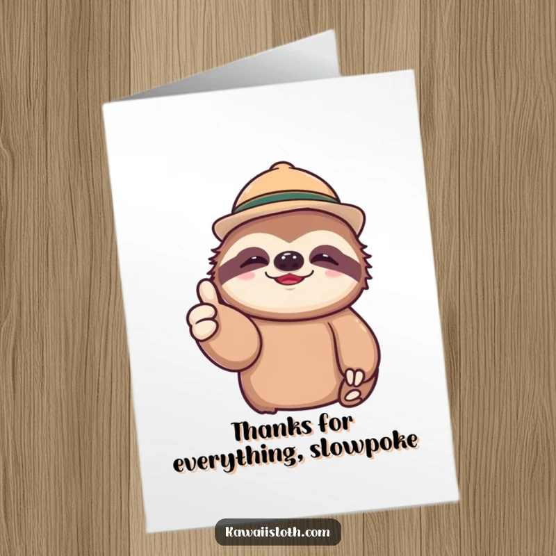 Funny Free Printable Thank You Card: Lazy sloth in a hat offers a relaxed thumbs up, perfect for showing thanks.