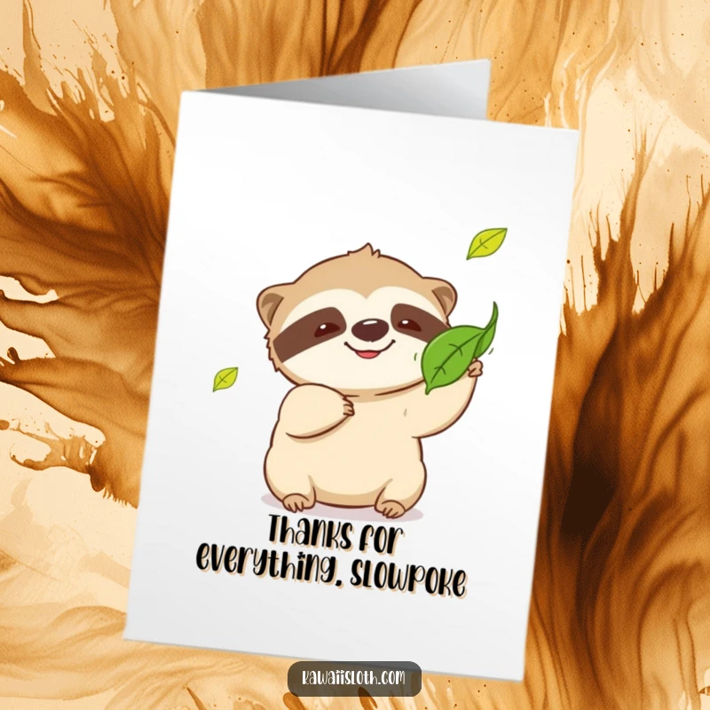 Funny Free Printable Thank You Card: A playful sloth with a slow grin trying to catch a leaf. Heartfelt thanks.
