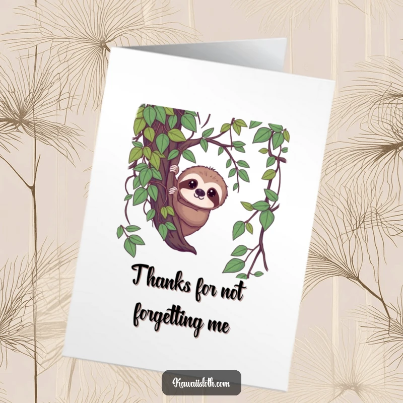 Funny Free Printable Thank You Card: A shy sloth peeks from green vines, its gentle gaze conveying thanks. Soft appreciation.