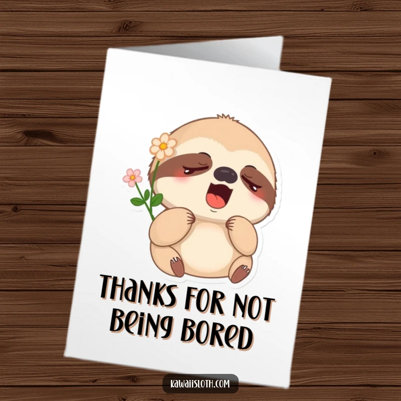 Funny Free Printable Thank You Card: Sleepy Sloth Yawning, Flower Blooming on Head