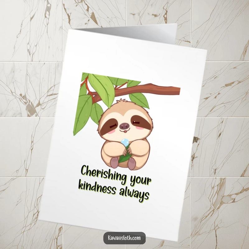 Funny Free Printable Thank You Card: Sloth with a tiny smile observing a dewdrop on a leaf. Peaceful thanks.