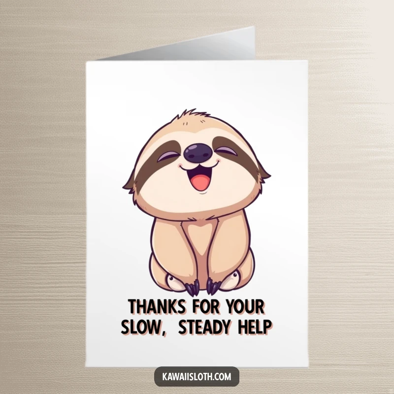 Funny Free Printable Thank You Card of a sloth playfully yawning, showing a subtle, happy smile.