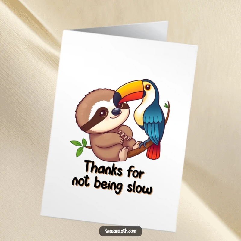Funny Free Printable Thank You Card: A sloth and toucan send funny thanks from the jungle with vibrant colors.
