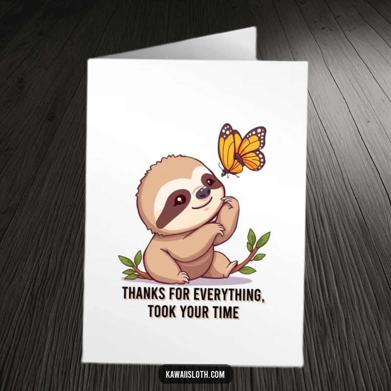 Funny Free Printable Thank You Card: Sloth observing butterfly, a wonderfully calm and humorous DIY thank you.