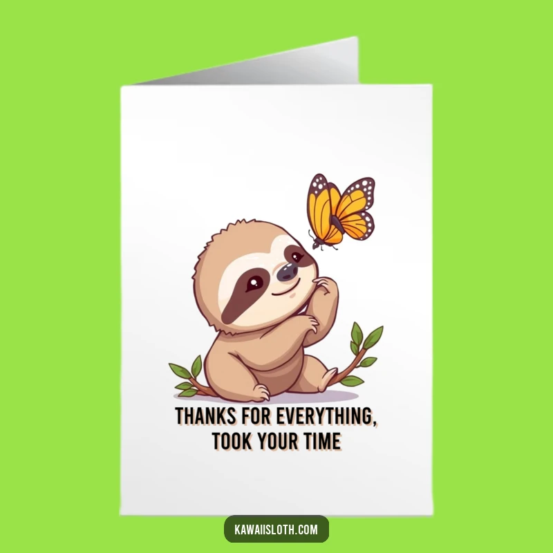 Free Printable Thank You Card: Slow Sloth Butterfly Admiring Calm Funny Downloadable