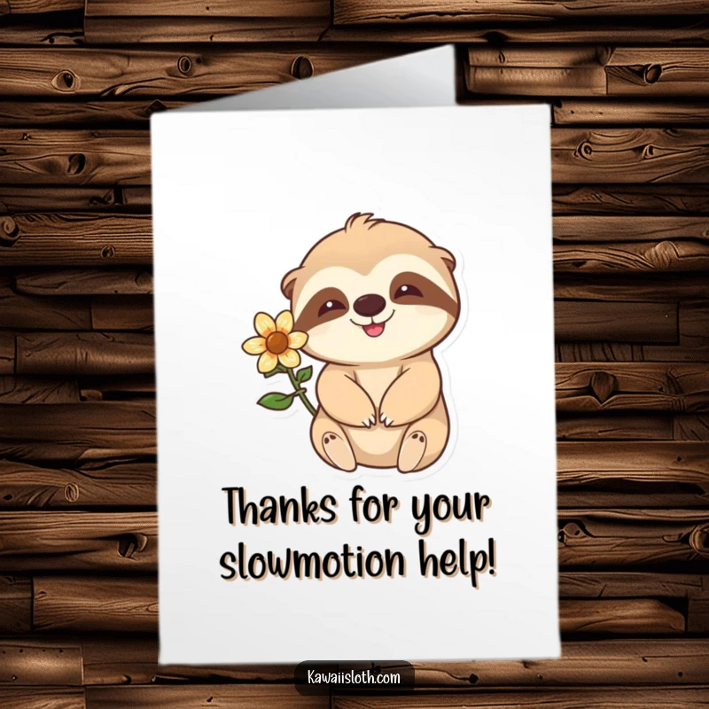 Funny Free Printable Thank You Card: A happy sloth with a flower behind its ear waves slowly, sending thanks.