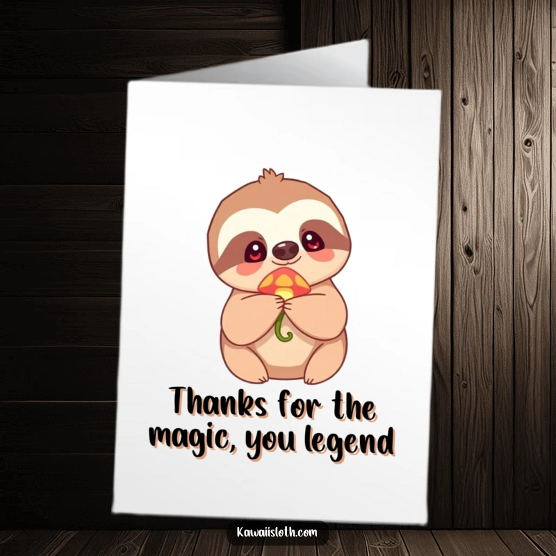 Funny Free Printable Thank You Card: Sloth marvels at a glowing mushroom, a delightful and humorous DIY thank you.