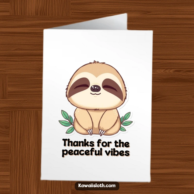 Funny Free Printable Thank You Card: Sloth blinking slowly with an expression of deep peacefulness, a zen thank you.