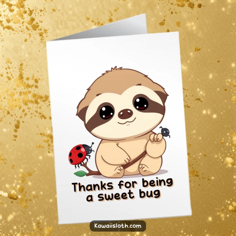Funny Free Printable Thank You Card: Sloth with wide, dreamy eyes watches a ladybug, a serene yet humorous thank you.