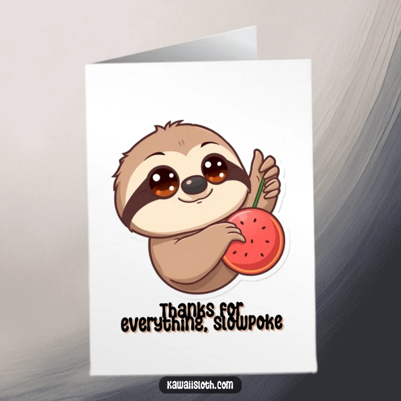 Funny Free Printable Thank You Card: A sloth with big eyes carefully reaches for a juicy fruit.