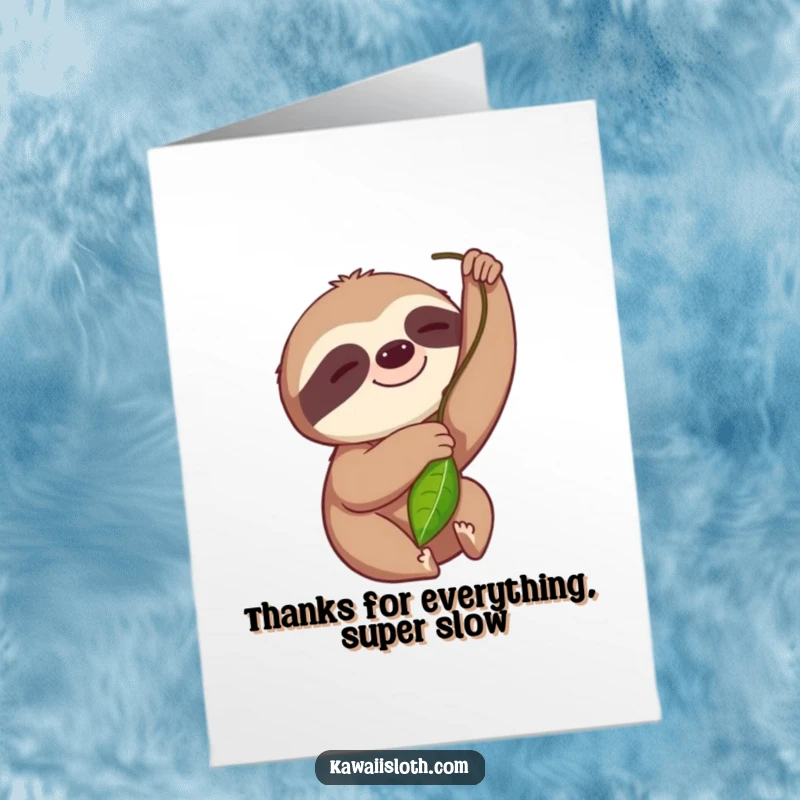 Funny Free Printable Thank You Card: A slowly smiling sloth reaches for a leaf, a picture of gentle thanks. DIY gift.