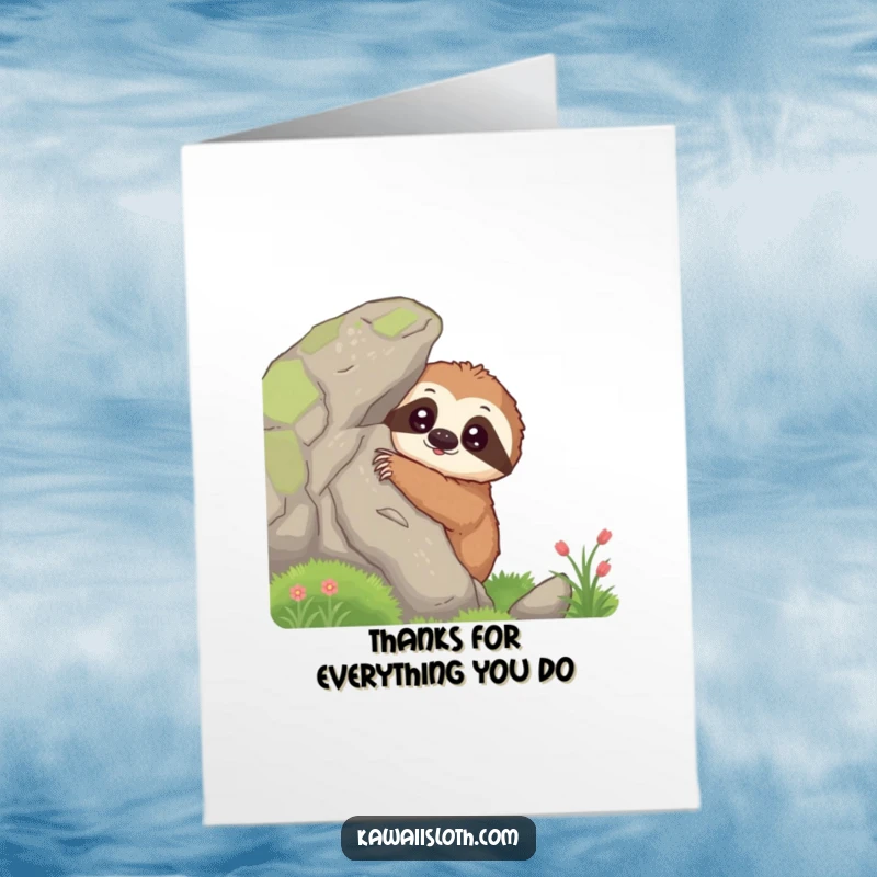 Funny Free Printable Thank You Card: Curious Sloth Peeking from Mossy Rock, Slow Interest