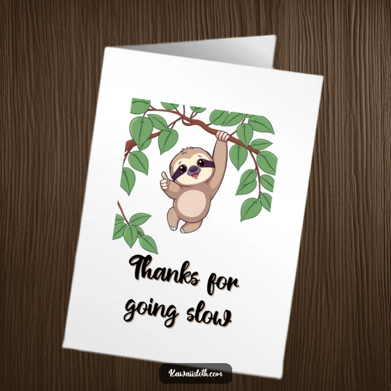 Funny Free Printable Thank You Card: A sloth playfully gives a thumbs up while hanging from a vine.