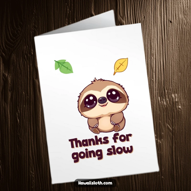 Funny free printable thank you card showcasing a sloth with soulful eyes appreciating a falling leaf.