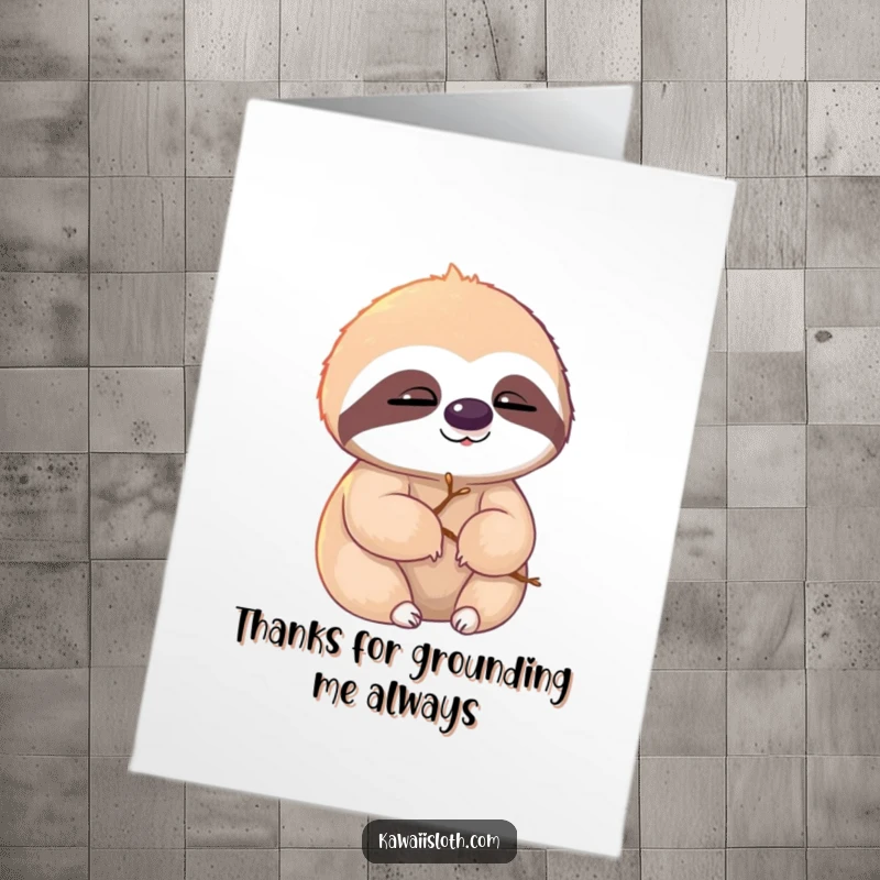 Funny Free Printable Thank You Card: Sloth with tiny twigs in its fur, slowly blinking in sunlight. Sunny gratitude.
