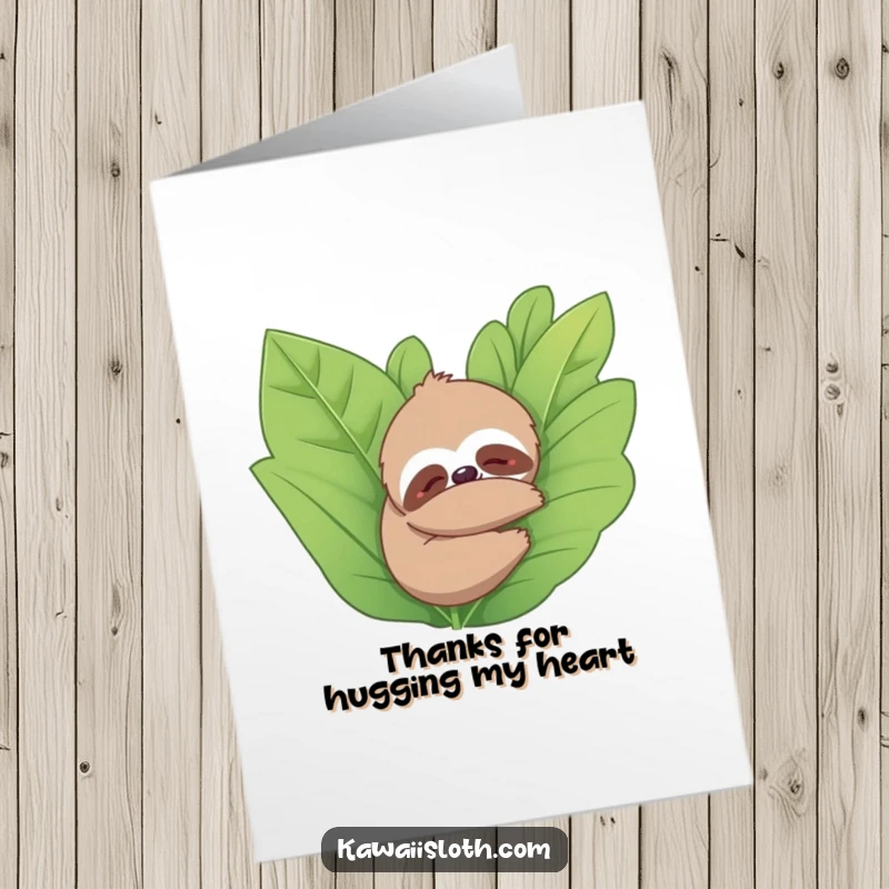 Funny Free Printable Thank You Card: Sloth embracing a large plant with serene happiness, a thank you from nature.