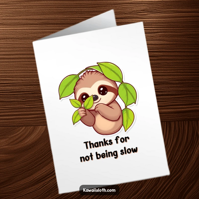 Funny Free Printable Thank You Card: Sloth offers leaf with two fingers, a quirky way to express thanks.